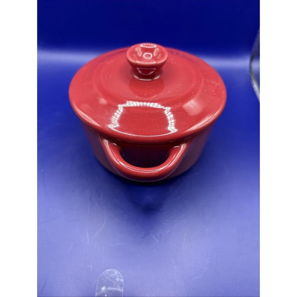 Crofton Mini Ceramic Casserole Dish w/Lid & Two Matching Ribbed Ramekins-Red Lot